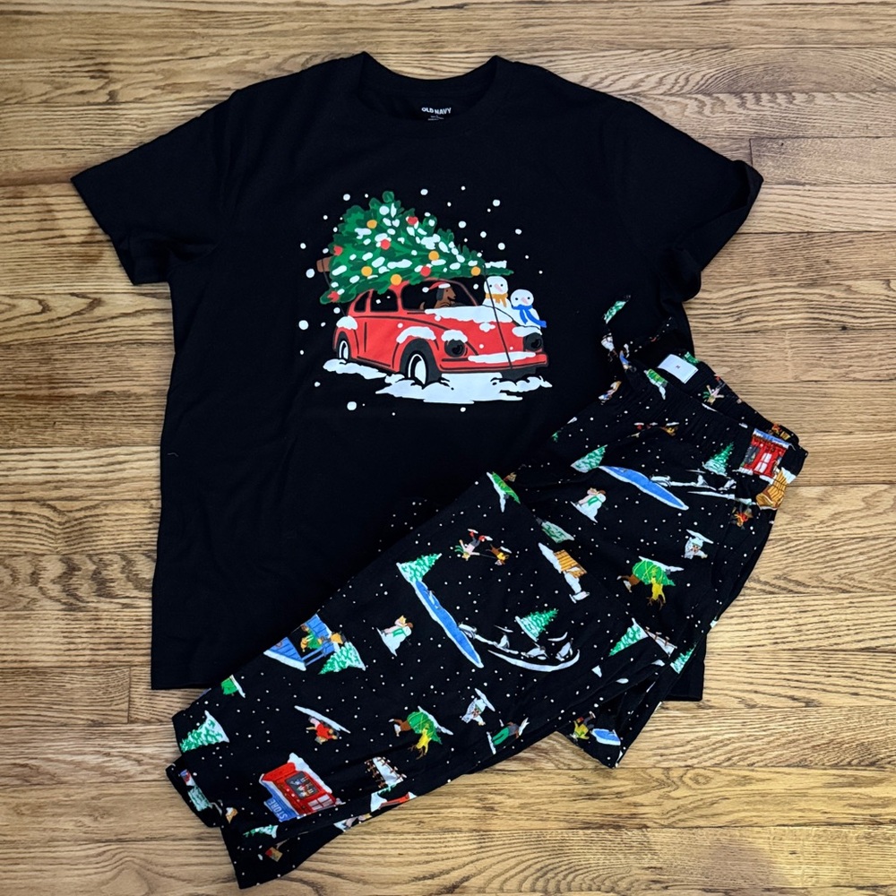 Holiday Time Festive Car Print Mens Pajama Set - Black and Red